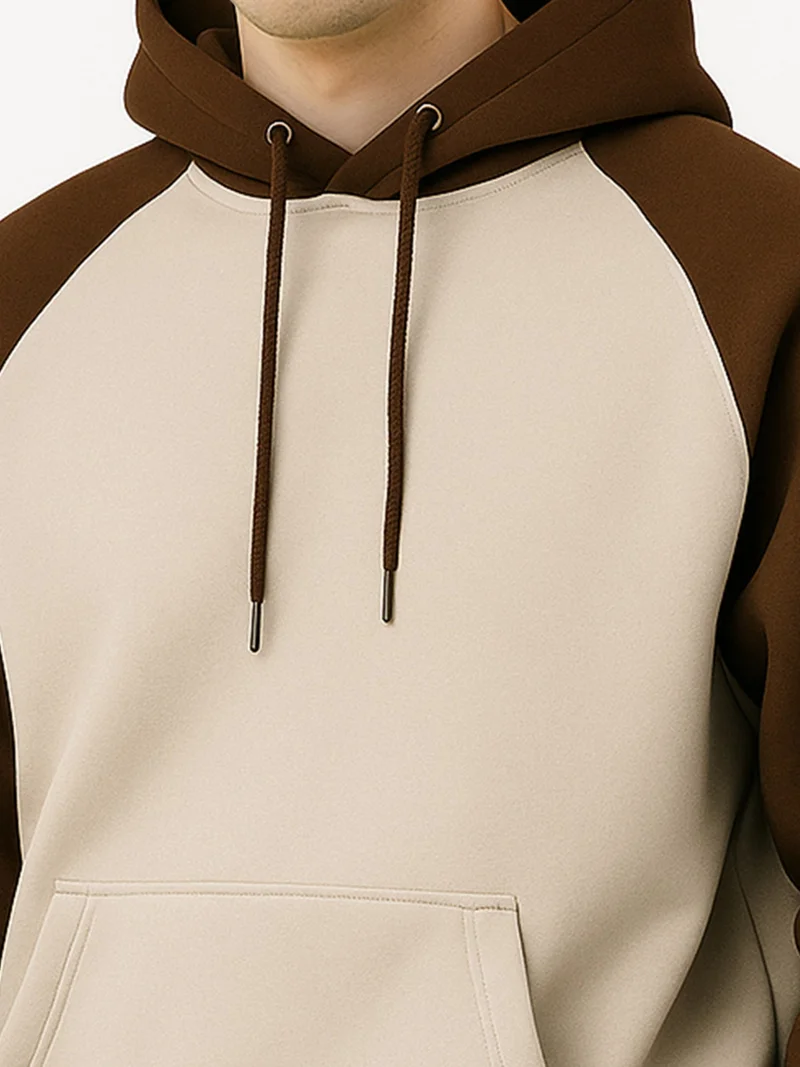 Maniac  Maniac Mens Color Block Hooded Neck Raglan Full Sleeve Brown and Biscuit Cotton Fleece Sweatshirt for Men | Best Price UAE