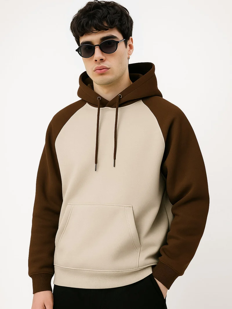 مانياك سويت شيرت رجالي قطن صوف بغطاء رأس بأكمام راجلان وألوان متداخلة بني وبسكويت