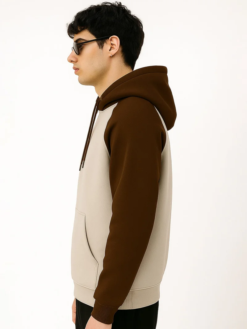 Maniac  Maniac Mens Color Block Hooded Neck Raglan Full Sleeve Brown and Biscuit Cotton Fleece Sweatshirt for Men | Best Price UAE