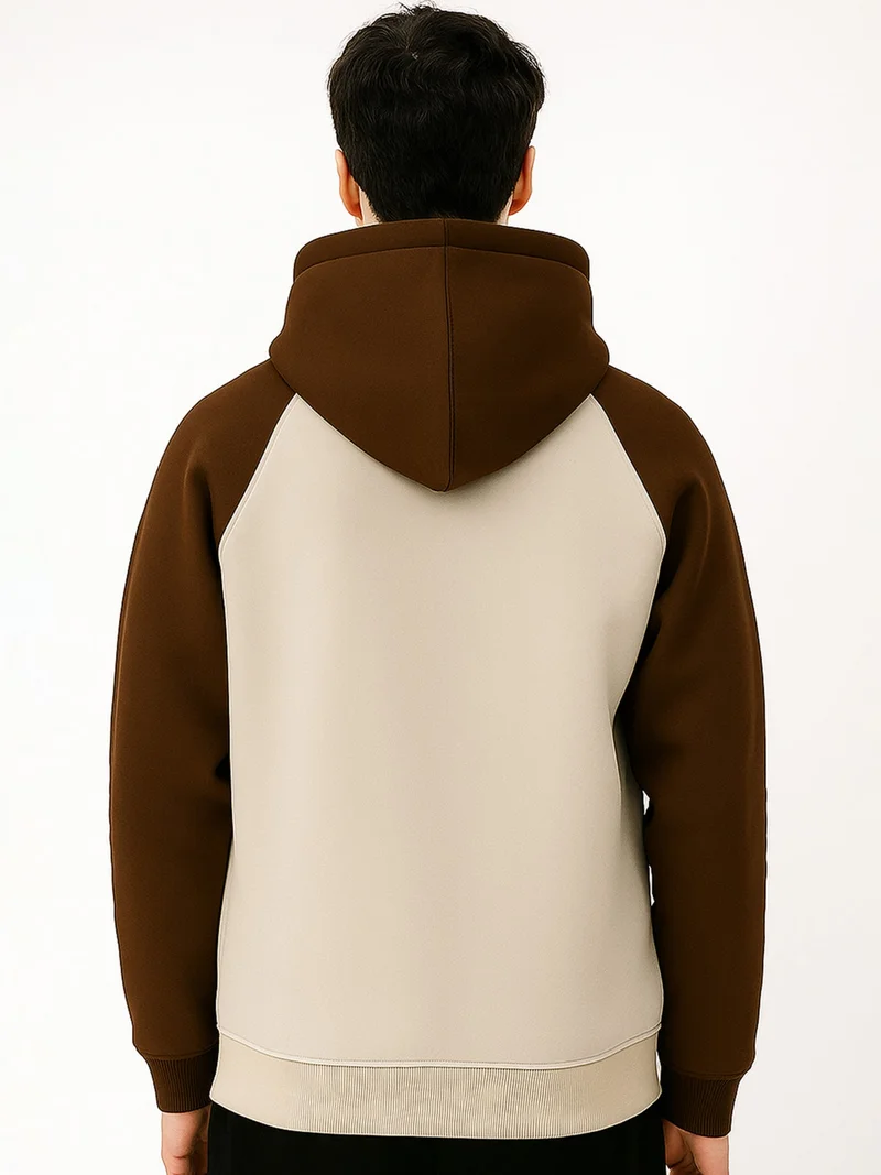 مانياك سويت شيرت رجالي قطن صوف بغطاء رأس بأكمام راجلان وألوان متداخلة بني وبسكويت