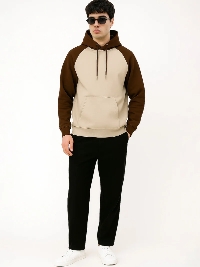 Maniac  Maniac Mens Color Block Hooded Neck Raglan Full Sleeve Brown and Biscuit Cotton Fleece Sweatshirt for Men | Best Price UAE