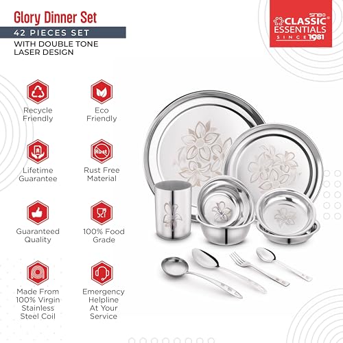 Classic Essentials Stainless Steel Dinner Set|Serves 4 People|Heavy Gauge|Kitchen Set|Permanent Laser-Glory, Set of 42 - Image 3