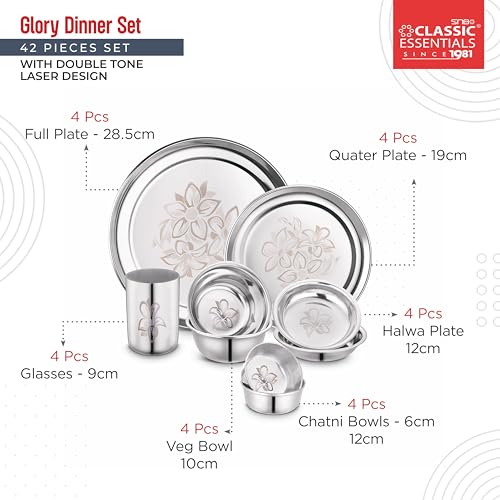 Classic Essentials Stainless Steel Dinner Set|Serves 4 People|Heavy Gauge|Kitchen Set|Permanent Laser-Glory, Set of 42 - Image 4
