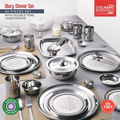 Classic Essentials Stainless Steel Dinner Set|Serves 4 People|Heavy Gauge|Kitchen Set|Permanent Laser-Glory, Set of 42 - Image 2