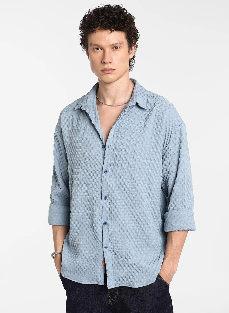 Men's Cornflower Blue Cubic-Textured Oversized Shirt