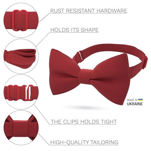 Bow Tie House Boys Red Bow Tie Teens Gabardine Fabric Material for Kids Bowtie, Toddler Bow ties Formal Pre-Tied Tuxedo Clip on Shape Infant Handmade Bow ties for Any Ages in Solid Colors (Medium, Red) - Image 2