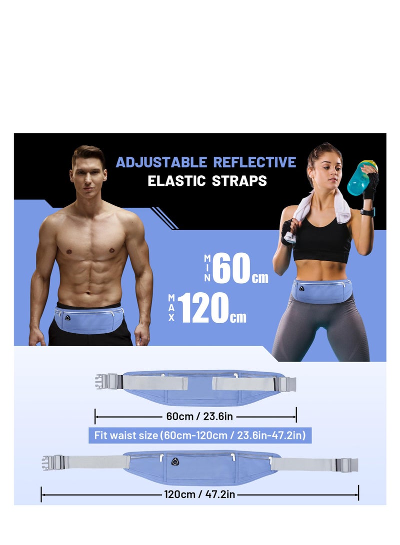 Slim Running Belt for Phone, Workout Fanny Pack for Women Men, Large Capacity Runner Waist Bag with 3 Pouches, No Bounce Running Pouch for Walking, Cycling, Walking, Gym (Pale Blue) - Image 2