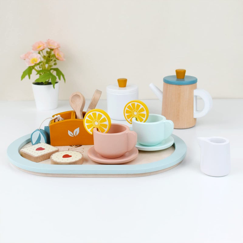 PairPear Wooden Tea Set for Little Girls, Wooden Toys Toddler Tea Set Play Kitchen Accessories for Kids Tea Party with Play Food - Image 2