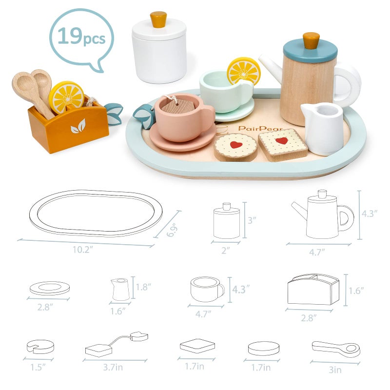 PairPear Wooden Tea Set for Little Girls, Wooden Toys Toddler Tea Set Play Kitchen Accessories for Kids Tea Party with Play Food - Image 5