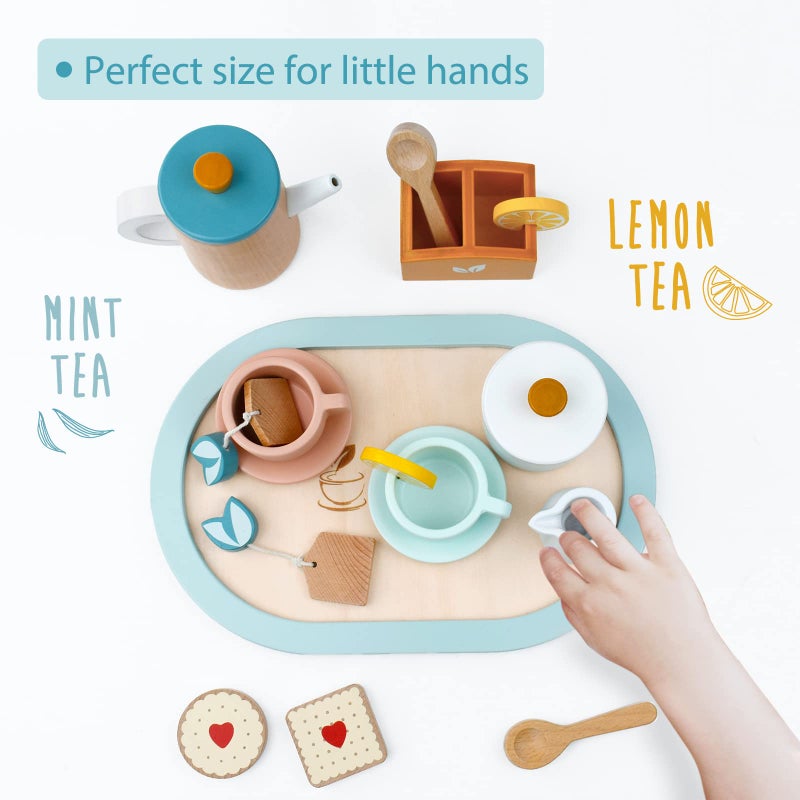 PairPear Wooden Tea Set for Little Girls, Wooden Toys Toddler Tea Set Play Kitchen Accessories for Kids Tea Party with Play Food - Image 3