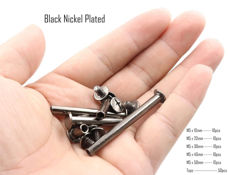LBY 100pcs Phillips Chicago Screws, M5 x 10/20/30/40/50mm Binding Screw Posts, Book Screws, Binding Barrels and Screws Assortment Kit for Leather Saddles, Purses, Belt Repair, Nickel-Plated (Black) - Image 3