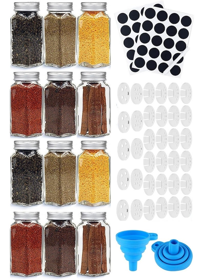 Home zone 12 Glass Spice Jars 4oz Empty Square Spice Containers Three Kinds of Shaker Lids and Airtight Metal Caps White Paint Pen and Silicone Collapsible Funnel Included  - Image 1