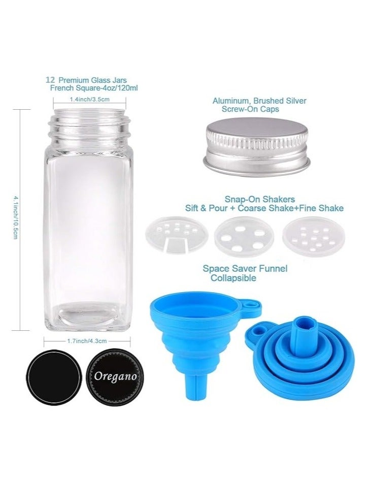 Home zone 12 Glass Spice Jars 4oz Empty Square Spice Containers Three Kinds of Shaker Lids and Airtight Metal Caps White Paint Pen and Silicone Collapsible Funnel Included  - Image 3