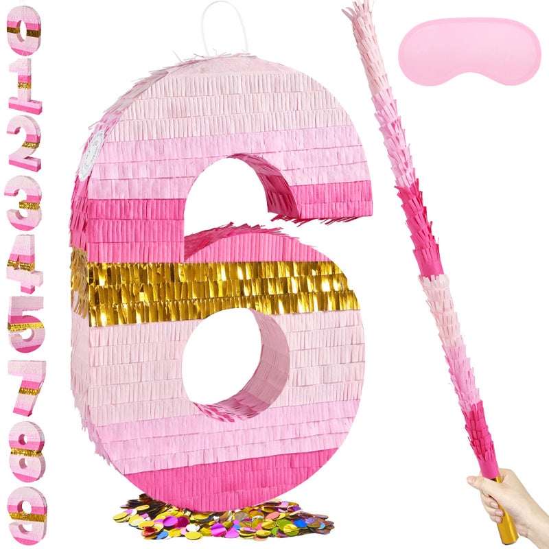 PCFING 20 Inch Number 6 Piata Pink Gold with 30 Inch Piata Stick Blindfold Confetti for Boys Girls Adults Birthday Party Decorations Anniversary Celebration Fiesta - Image 3