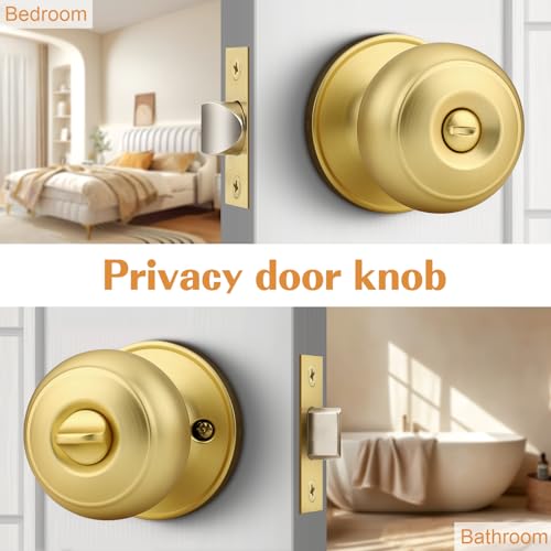 Probrico Gold Door Knobs for Bedroom Bathroom, Interior Door Knob with Round Ball, Brushed Brass Privacy Door Knob, 6 Pack - Image 3