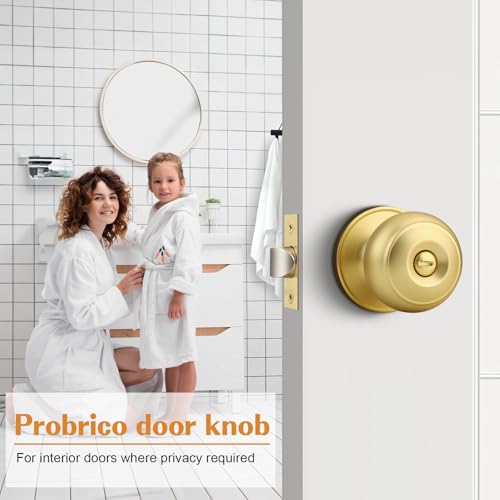 Probrico Gold Door Knobs for Bedroom Bathroom, Interior Door Knob with Round Ball, Brushed Brass Privacy Door Knob, 6 Pack - Image 2