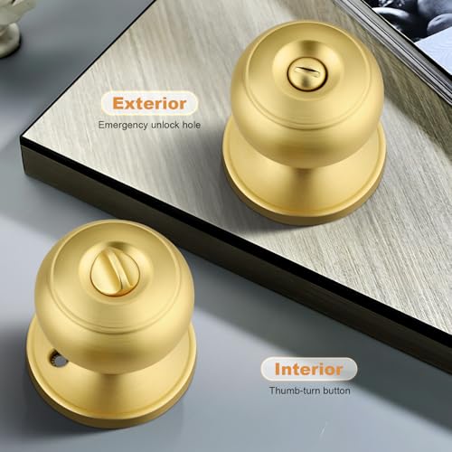 Probrico Gold Door Knobs for Bedroom Bathroom, Interior Door Knob with Round Ball, Brushed Brass Privacy Door Knob, 6 Pack - Image 4