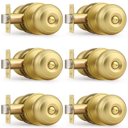 Probrico Gold Door Knobs for Bedroom Bathroom, Interior Door Knob with Round Ball, Brushed Brass Privacy Door Knob, 6 Pack - Image 1