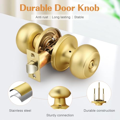 Probrico Gold Door Knobs for Bedroom Bathroom, Interior Door Knob with Round Ball, Brushed Brass Privacy Door Knob, 6 Pack - Image 5