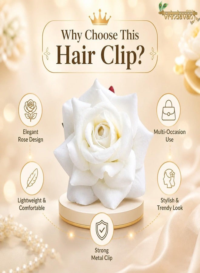 Vrindavanstore.in White Rose Hair Clip for Women & Girls | Elegant Floral Hair Accessory for Wedding, Party & Daily Wear | Strong Metal Clip | Lightweight Handmade Flower Hair Pin - Image 4