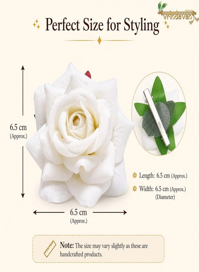Vrindavanstore.in White Rose Hair Clip for Women & Girls | Elegant Floral Hair Accessory for Wedding, Party & Daily Wear | Strong Metal Clip | Lightweight Handmade Flower Hair Pin - Image 2