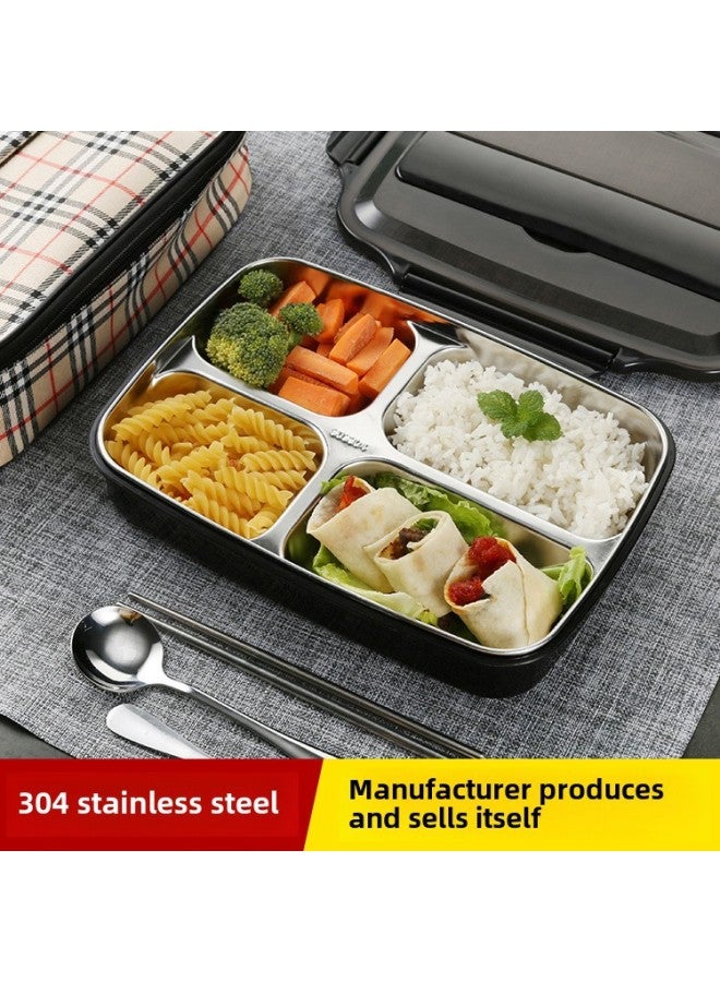 304 Stainless Steel Compartment Lunch Box Insulation Student Fast Food Box Lunch Box Kindergarten Anti-scald Sealed Fast Food Plate-Capacity:Nordic Green-Box Layers:Tableware Cover [four Grids] + Stainless Steel Chopsticks Fork Spoon  - Image 1