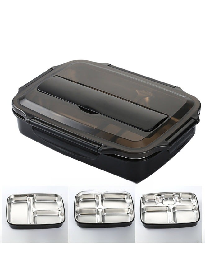 304 Stainless Steel Compartment Lunch Box Insulation Student Fast Food Box Lunch Box Kindergarten Anti-scald Sealed Fast Food Plate-Capacity:Nordic Green-Box Layers:Tableware Cover [four Grids] + Stainless Steel Chopsticks Fork Spoon  - Image 5
