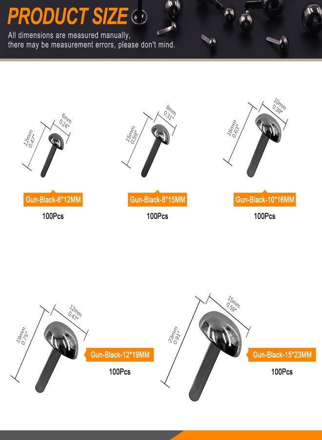 Rustark 500PCS 5 Sizes Black Paper Fasteners Round Brads Fasteners Assortment Kit Mushroom Head Paper Fasteners Brass Metal Brads Scrapbooking Decorative Paper Crafts School DIY Art Project Supplies - Image 2