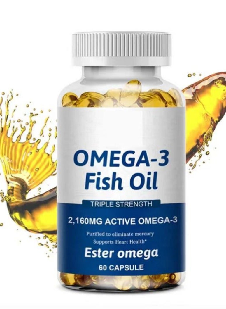 Omega زيت السمك أوميغا 3 الممتاز، قوة ثلاثية، 2160 ملغ، ثلاثي الجليسريد EPA و DHA | دعم القلب والدماغ والمفاصل، دعم القلب والأوعية الدموية 60 كبسولة لزيوت السمك النقية للحفاظ على وظيفة القلب والدماغ الطبيعية - Image 1