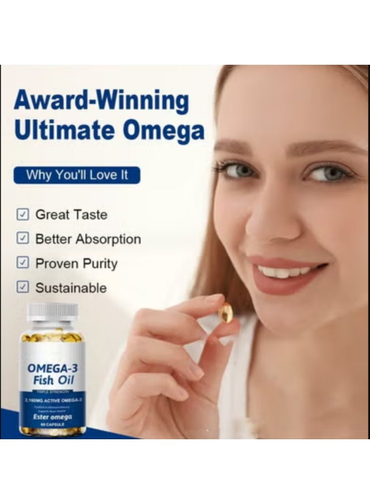 Omega زيت السمك أوميغا 3 الممتاز، قوة ثلاثية، 2160 ملغ، ثلاثي الجليسريد EPA و DHA | دعم القلب والدماغ والمفاصل، دعم القلب والأوعية الدموية 60 كبسولة لزيوت السمك النقية للحفاظ على وظيفة القلب والدماغ الطبيعية - Image 3