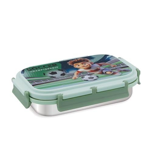 Attro Uranus Stainless Steel Lunch Box with 1 Small Container & Spoon Eyecatchy Soccer Playing Print BPA Free Food Grade-700ml+160ml- Mint Green - Image 1