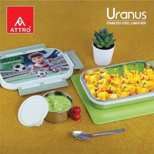 Attro Uranus Stainless Steel Lunch Box with 1 Small Container & Spoon Eyecatchy Soccer Playing Print BPA Free Food Grade-700ml+160ml- Mint Green - Image 3