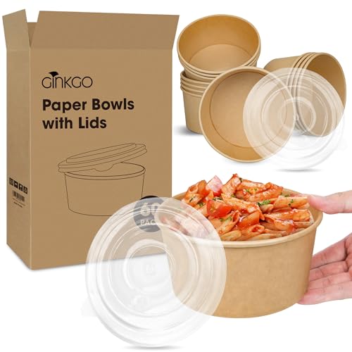 Ginkgo 60 Count 30 oz Disposable Paper Bowls with Lids Meal Prep Containers Leak Proof Large Hot Soup Bowls Bulk Large Paper Bowls for Ice Cream Hot Soup Salad Dessert Cereals