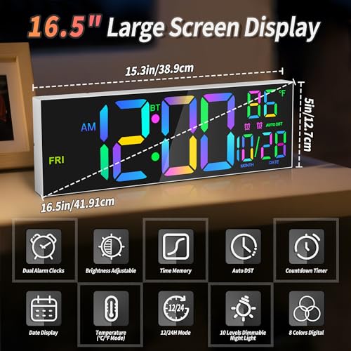 Mee 2ou 165 Digital Wall Clock with Bluetooth AutoSync Large LED Display Smart Auto Dimming DST Remote Control Night Light Date Temperature for Living Room Gym Office White - Image 3