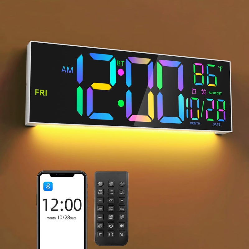 Mee 2ou 165 Digital Wall Clock with Bluetooth AutoSync Large LED Display Smart Auto Dimming DST Remote Control Night Light Date Temperature for Living Room Gym Office White - Image 2