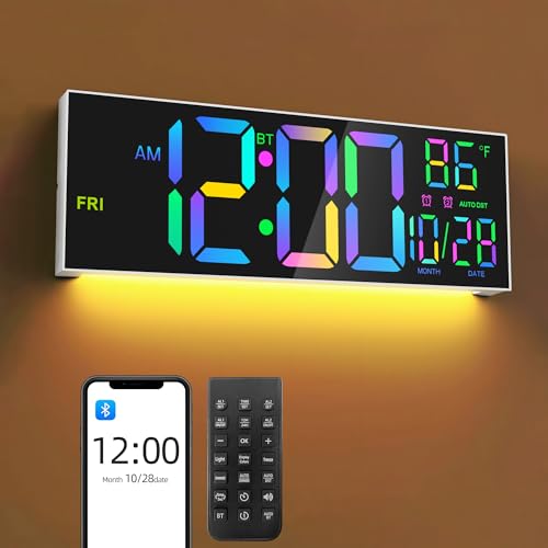 Mee 2ou 165 Digital Wall Clock with Bluetooth AutoSync Large LED Display Smart Auto Dimming DST Remote Control Night Light Date Temperature for Living Room Gym Office White - Image 1