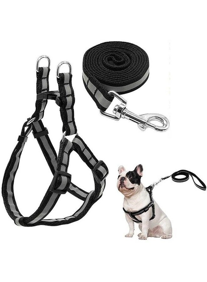 15 Mm Soft Nylon Strip Pattern Radium/Reflective Dog Harness And Leash Set Ideal For Puppies And Small Breed Dogs (Black) - Image 1