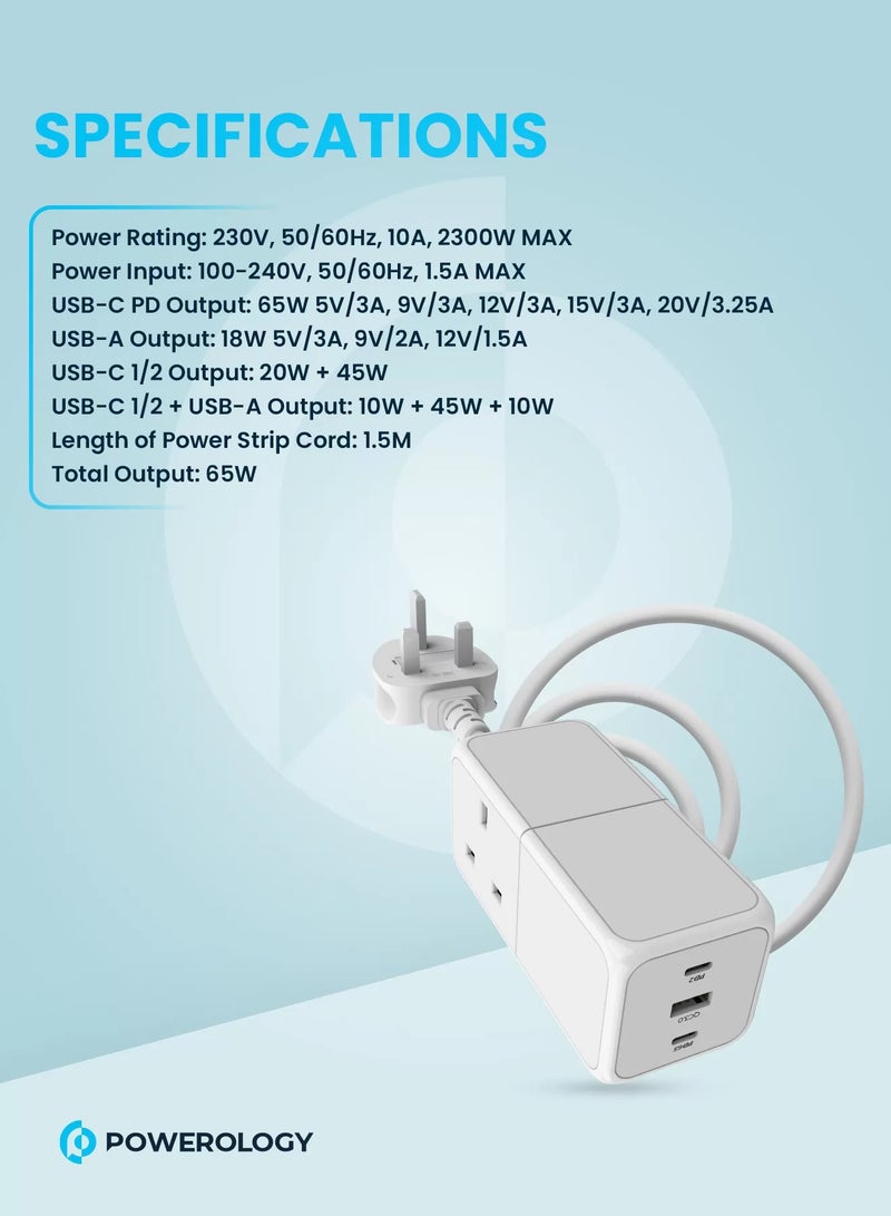 Powerology 65W GaN USB Power Strip / 1.5M Strip Cord Length / Laptop Charger / Built-in safeguard / UK 3 Pin Plug - White  - Image 4