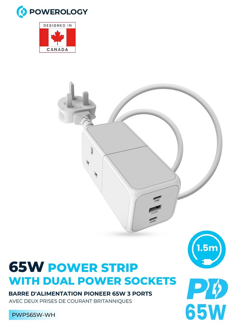 Powerology 65W GaN USB Power Strip / 1.5M Strip Cord Length / Laptop Charger / Built-in safeguard / UK 3 Pin Plug - White  - Image 1