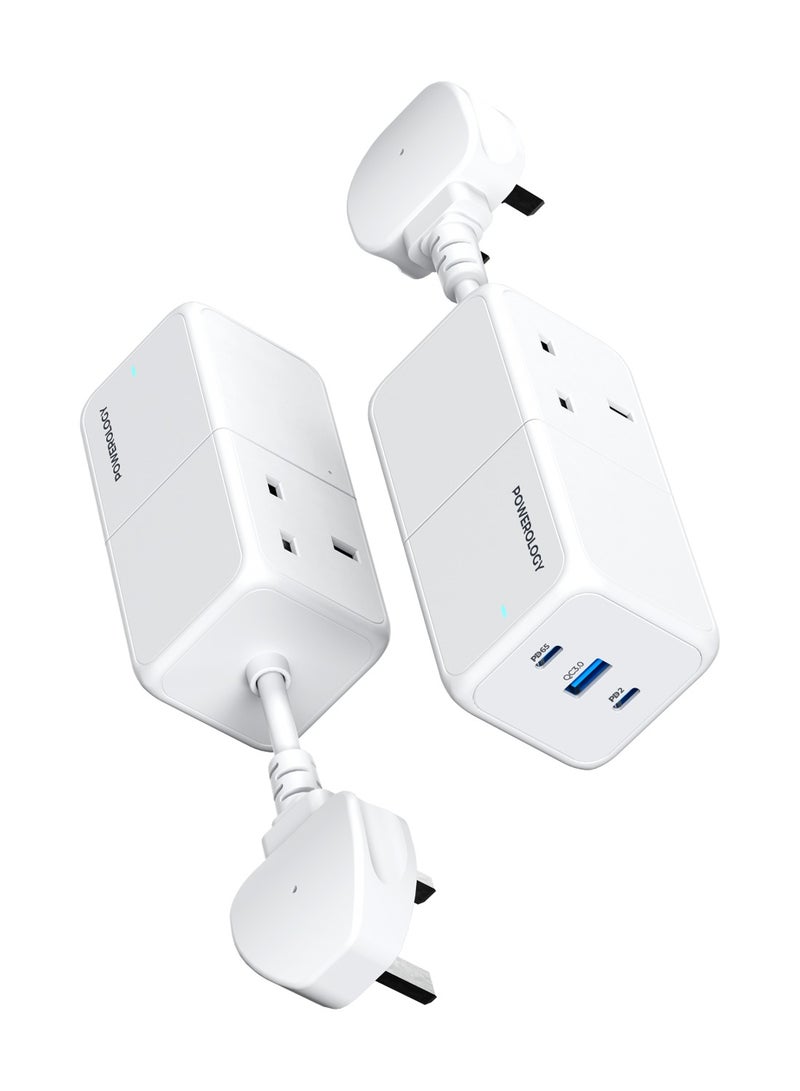 Powerology 65W GaN USB Power Strip / 1.5M Strip Cord Length / Laptop Charger / Built-in safeguard / UK 3 Pin Plug - White - Image 4