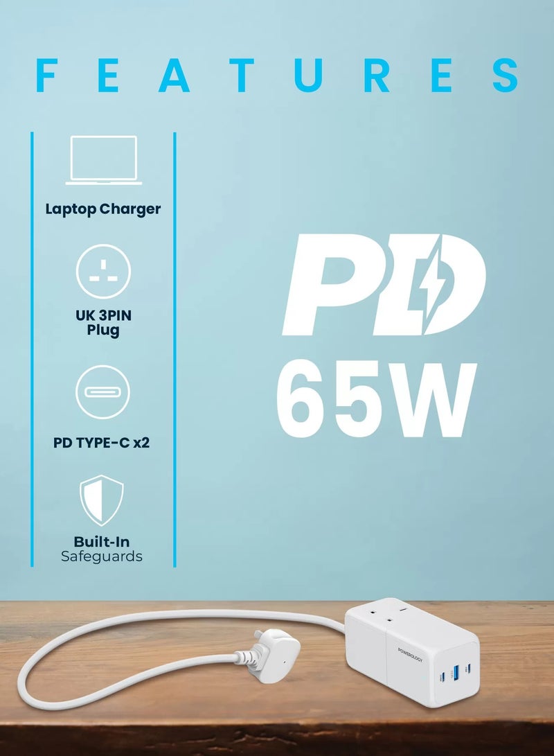 Powerology 65W GaN USB Power Strip / 1.5M Strip Cord Length / Laptop Charger / Built-in safeguard / UK 3 Pin Plug - White - Image 5