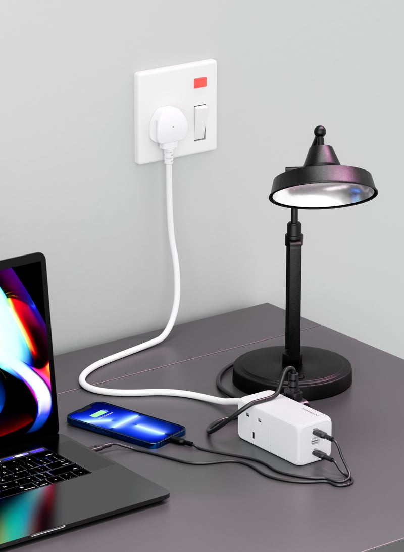 Powerology 65W GaN USB Power Strip / 1.5M Strip Cord Length / Laptop Charger / Built-in safeguard / UK 3 Pin Plug - White - Image 2