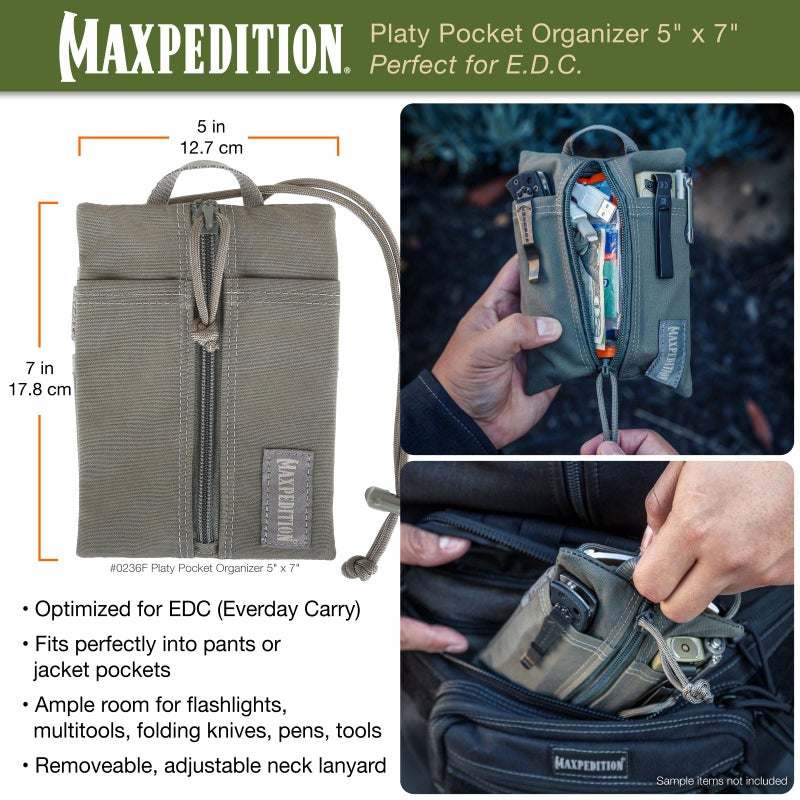 MAXPEDITION Platy Pocket Organizer, Durable EDC Tool Pouch for Men, Neck Wallet with Paracord Lanyard, Holds Flashlight, Multitool, Pen, Notebook (Foliage Green, 5" x 7") - Image 2