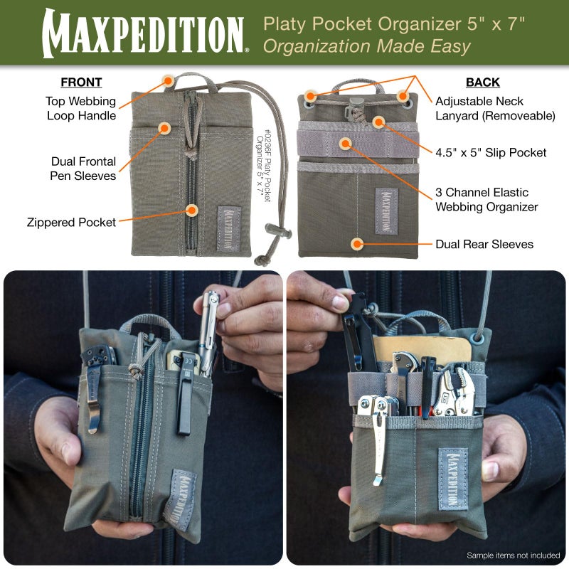 MAXPEDITION Platy Pocket Organizer, Durable EDC Tool Pouch for Men, Neck Wallet with Paracord Lanyard, Holds Flashlight, Multitool, Pen, Notebook (Foliage Green, 5" x 7") - Image 4