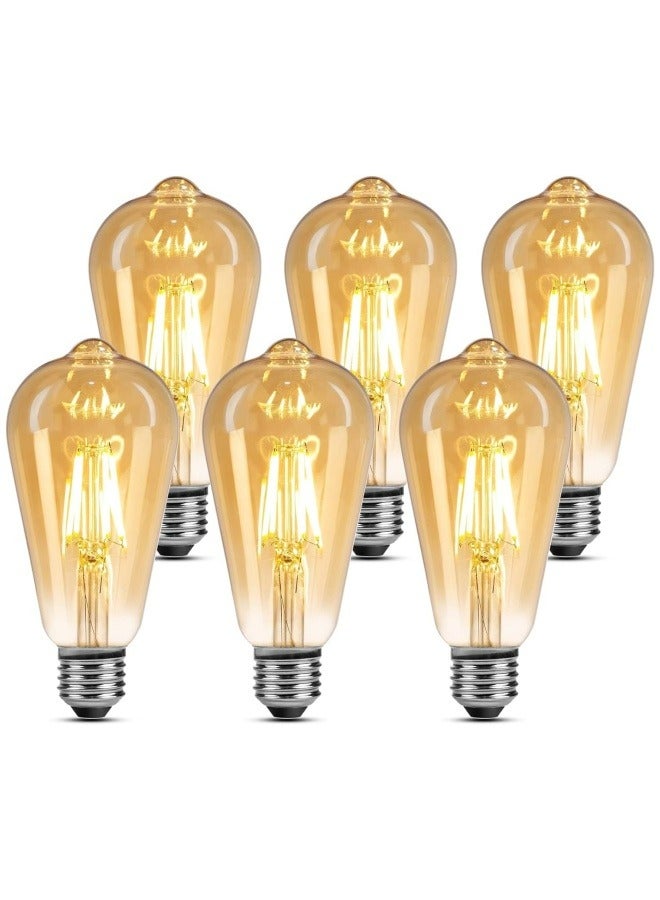 HUA QIANG WANG 6pcs E27 Edison Bulb, Amber Glass, LED Filament Bulb 4W ST64, Warm Light - Image 1