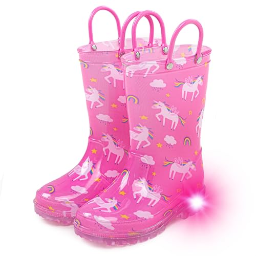 Hbxooxts Toddler Light Up Rain Boots for Girls Boys Waterproof Rain Boots with Handles Outdoors Kid Rain Boots (Pink Unicorn, Toddler, 5, Numeric, US Footwear Size System, Medium) - Image 1