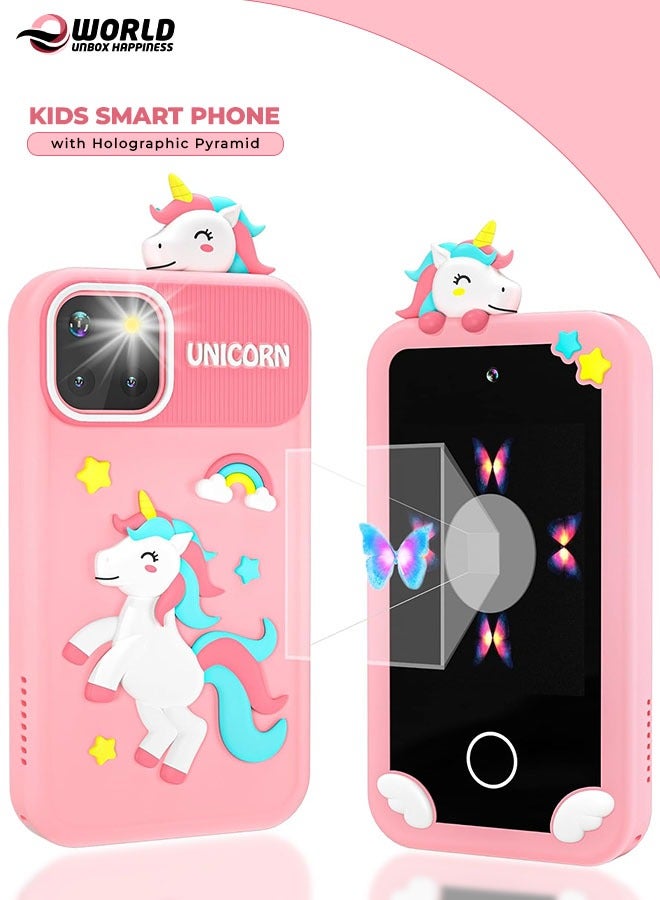 Eworld Kids Smart Phone with 3D Holographic Pyramid, 2.8inch Touchscreen Learning Toy with Dual Cameras and Music Player, Perfect Christmas, eid and Birthday Gift for Ages 3-10, Pink - Image 1