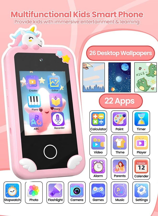 Eworld Kids Smart Phone with 3D Holographic Pyramid, 2.8inch Touchscreen Learning Toy with Dual Cameras and Music Player, Perfect Christmas, eid and Birthday Gift for Ages 3-10, Pink - Image 2