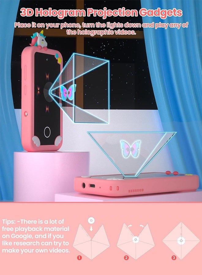 Eworld Kids Smart Phone with 3D Holographic Pyramid, 2.8inch Touchscreen Learning Toy with Dual Cameras and Music Player, Perfect Christmas, eid and Birthday Gift for Ages 3-10, Pink - Image 3