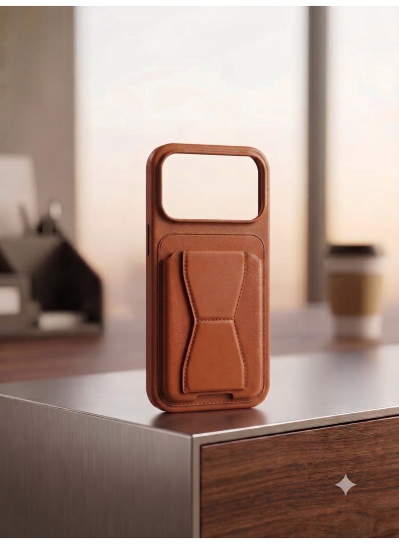 iPhone 17 Pro Tan Leather Case with Wallet and Kickstand